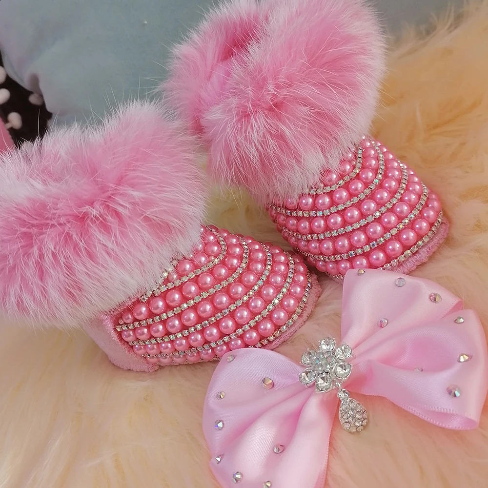 Handmade Bow Hairband Rhinestones Baby Girl Snow Boots Winter Shoes Comb First Walker Sparkle Bling Crystal Princess Shower Gift 250214