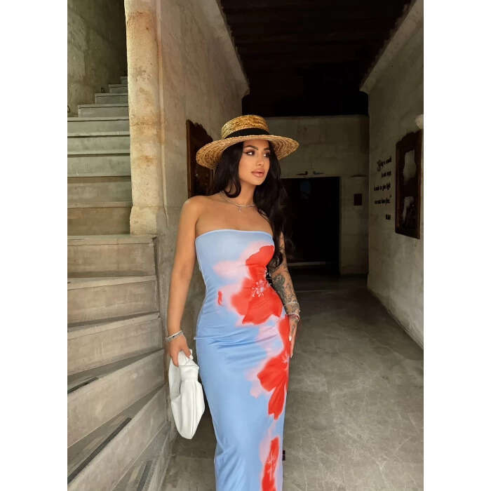 Women's European American Ins sexy slim fit printed strapless slit bag hip long dress factory wholesale 2025 new style chic and elegant clothing