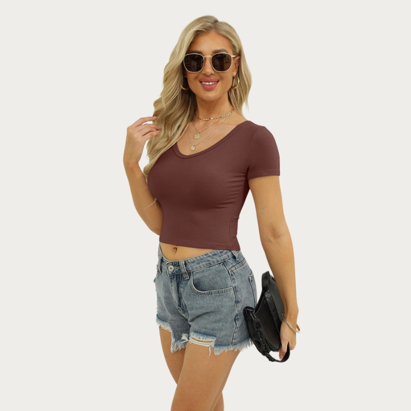 New arrival women's clothing European and American fashion solid color round neck V-neck two wear short-sleeved slim-fitting outer wear bottom T-