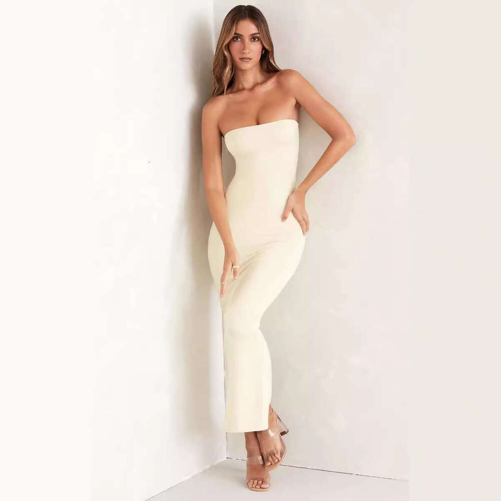 Women's European and American Ins sexy slim fit solid color strapless slit bag hip long style temperament dress wholesale 2025 new casual fashion