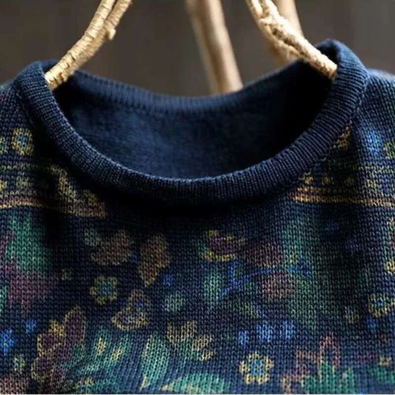 2025 Woman Autumn New Niche Vintage O-Neck Casual Loose Retro Chinese Style Long Sleeves Print Sweater