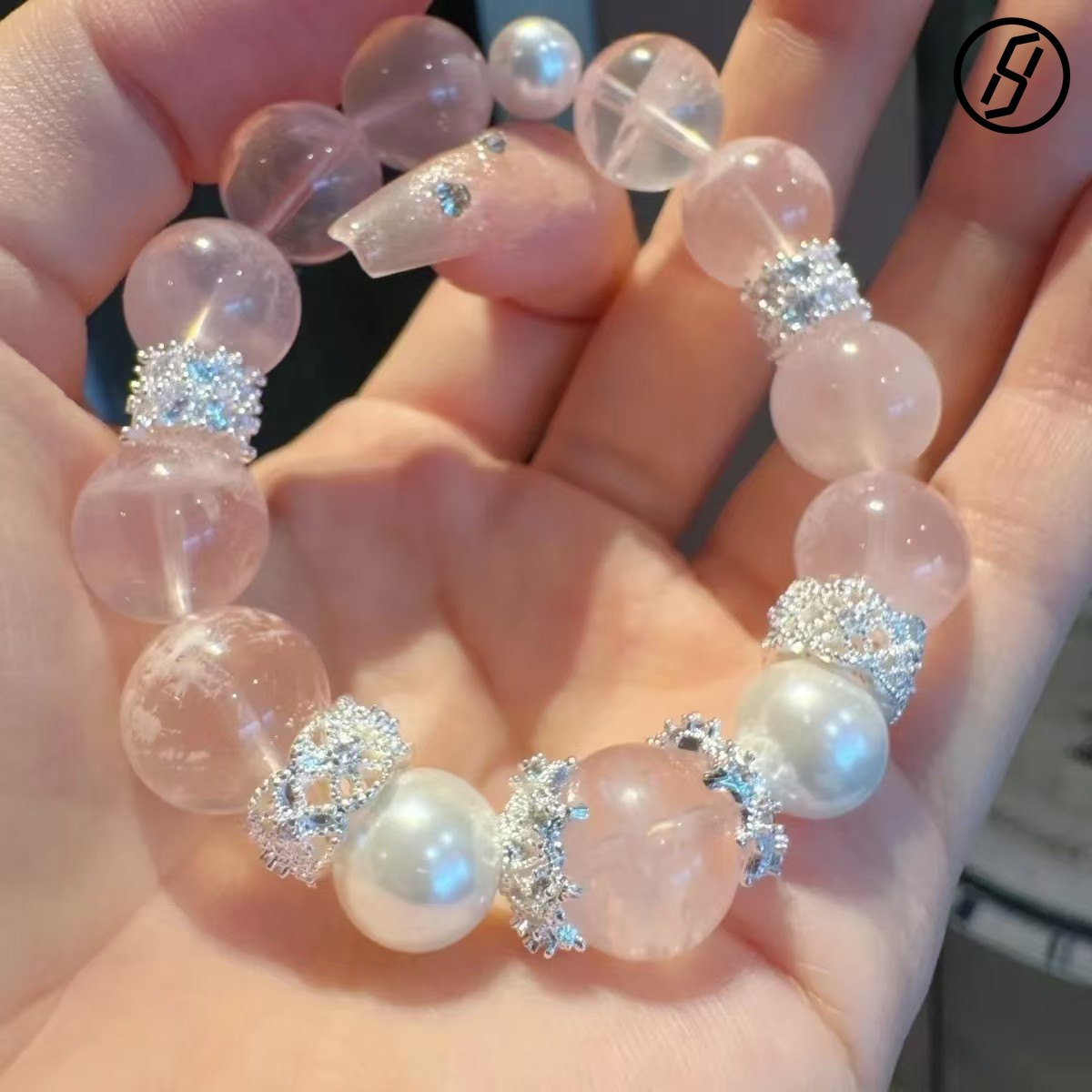 Natural Pink Snowflake Ghost Bracelet 12mm Pink Crystal Gift Girlfriend Chinese Bracelet New Style Flashing Four Seasons