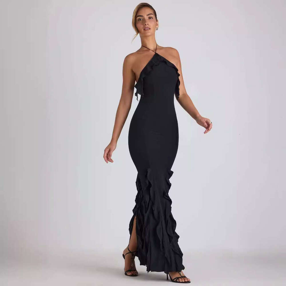 European and American women's summer sexy neck, exposed backpack, hip ruffle edge, hundred fold hanging feeg evening long dress, 2025 temperament