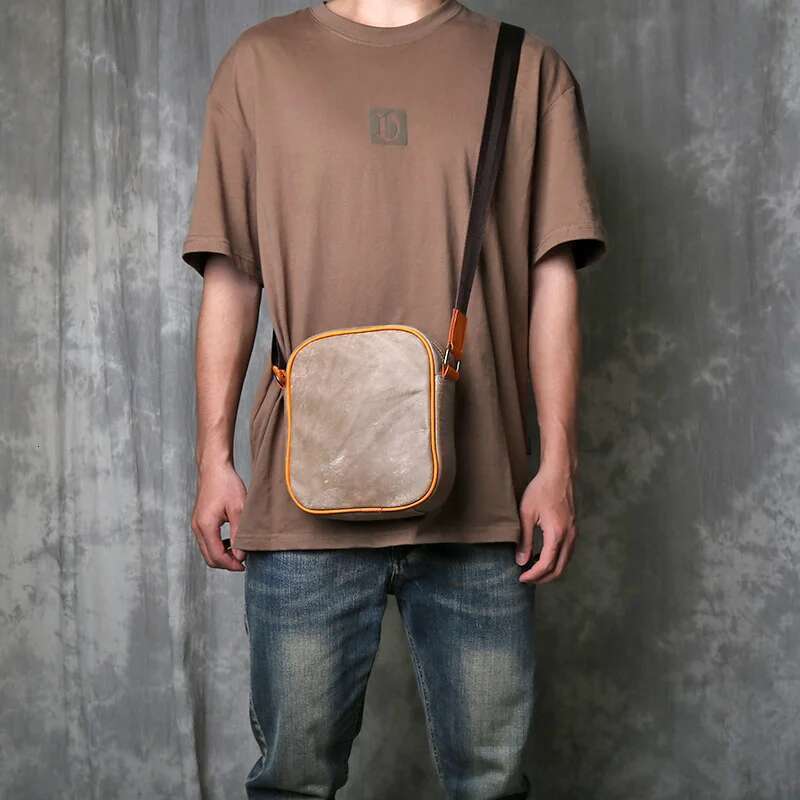 Genuine Leather Shoulder For Men's Casual Commuting Crossbody Frosted Cowhide Retro Style Contrasting Small Quare Bag