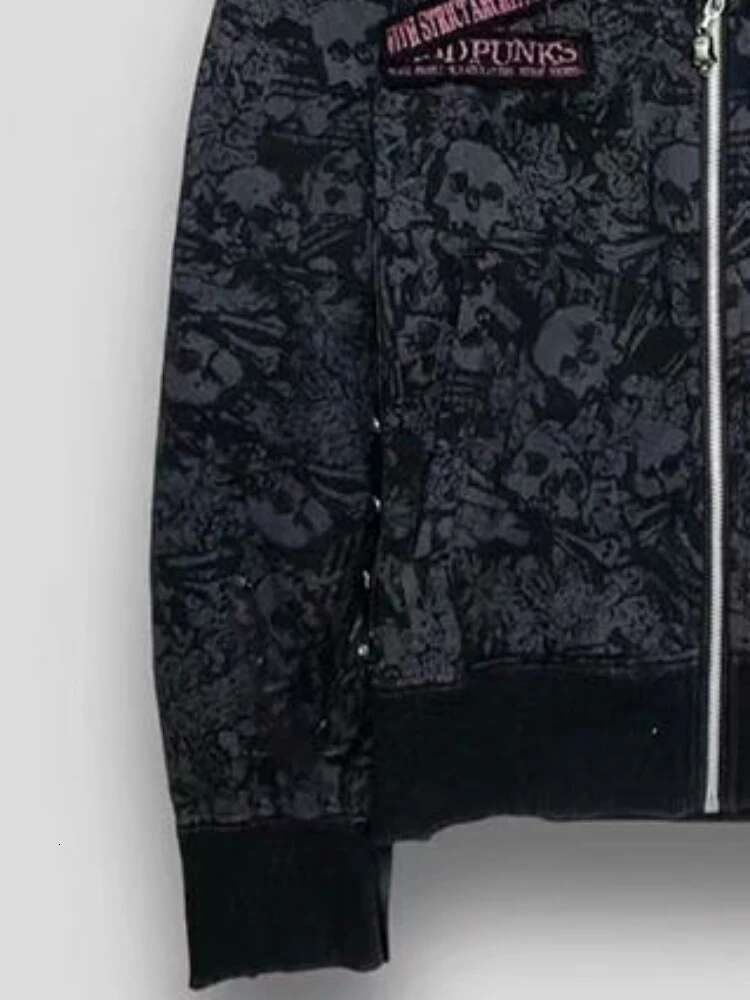 Goth Skull Print Y2k Hoodies Jackets Women Vintage Haruku Aesthetic Grunge Fur Patchwork Hooded Jacket Fairy Zipper Coat