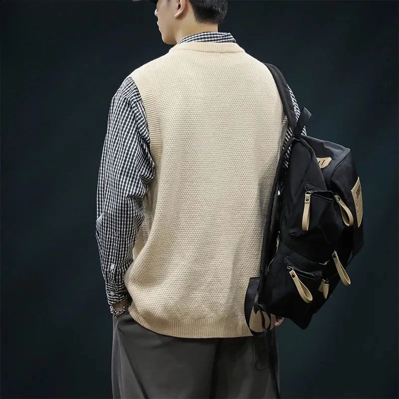 Mens knitted vest black waistcoat wool warm and thick er streetwear sweater Korean clothing review fashion Y2K 250210