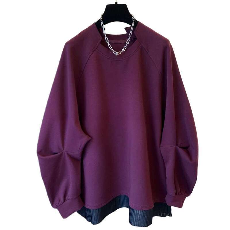 Autumn Winter Women Pullover Hoodies Fake Two-Piece Long Sleeve Patchwork Design Loose Solid Color Casual Tops Lady Clothes