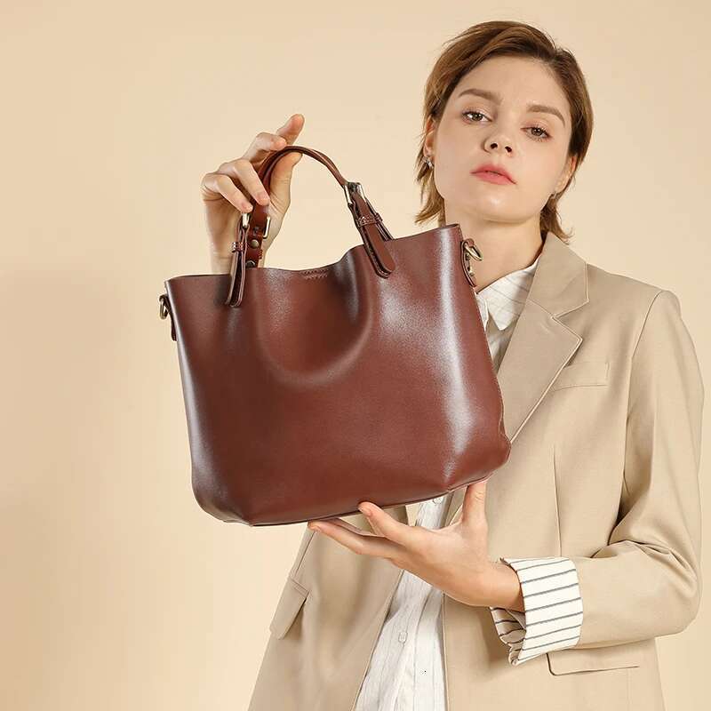 Hifashion Vintage Genuine Leather Bucket Tote Handbags For Women 2024 Trend Designer Simple Large Ladies Shoulder Crossbody Bags