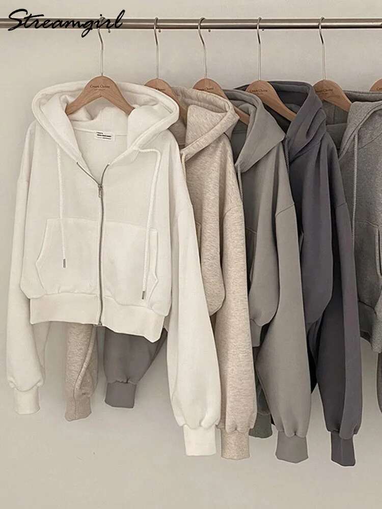 Streamgirl Short Zipper Oversized Jackets 2024 Spring Gray Sweatshirts With Hood Cotton Women Korean Hoodies Tops