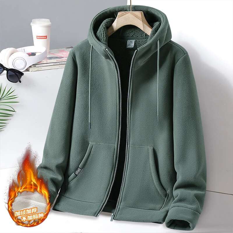 Men's Winter Fleece Fashionable Plush Thick Hooded Drawstring Zipper Pocket Solid Color Loose Commuting Comfortable Jacket Top