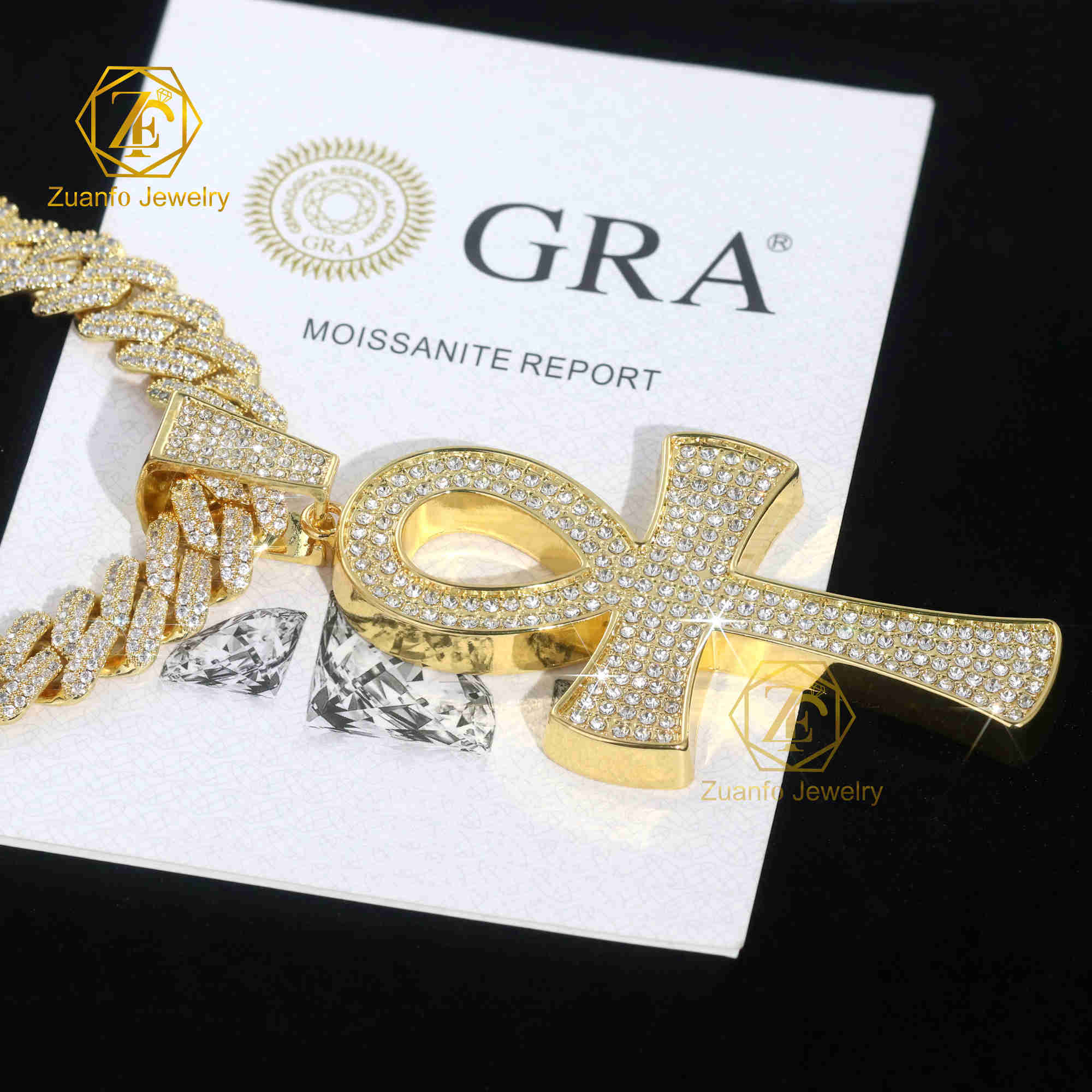 Hiphop Jewelry VVS Diamond Mens Womens 925 Sterling Silver Moissanite Cross Pendant Gold-Plated GRA Certified Perfect Gift