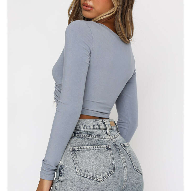 European American style Instagram Spring and Autumn women's sexy cross V-neck splicing slim fit long sleeved solid color base shirt for women 202