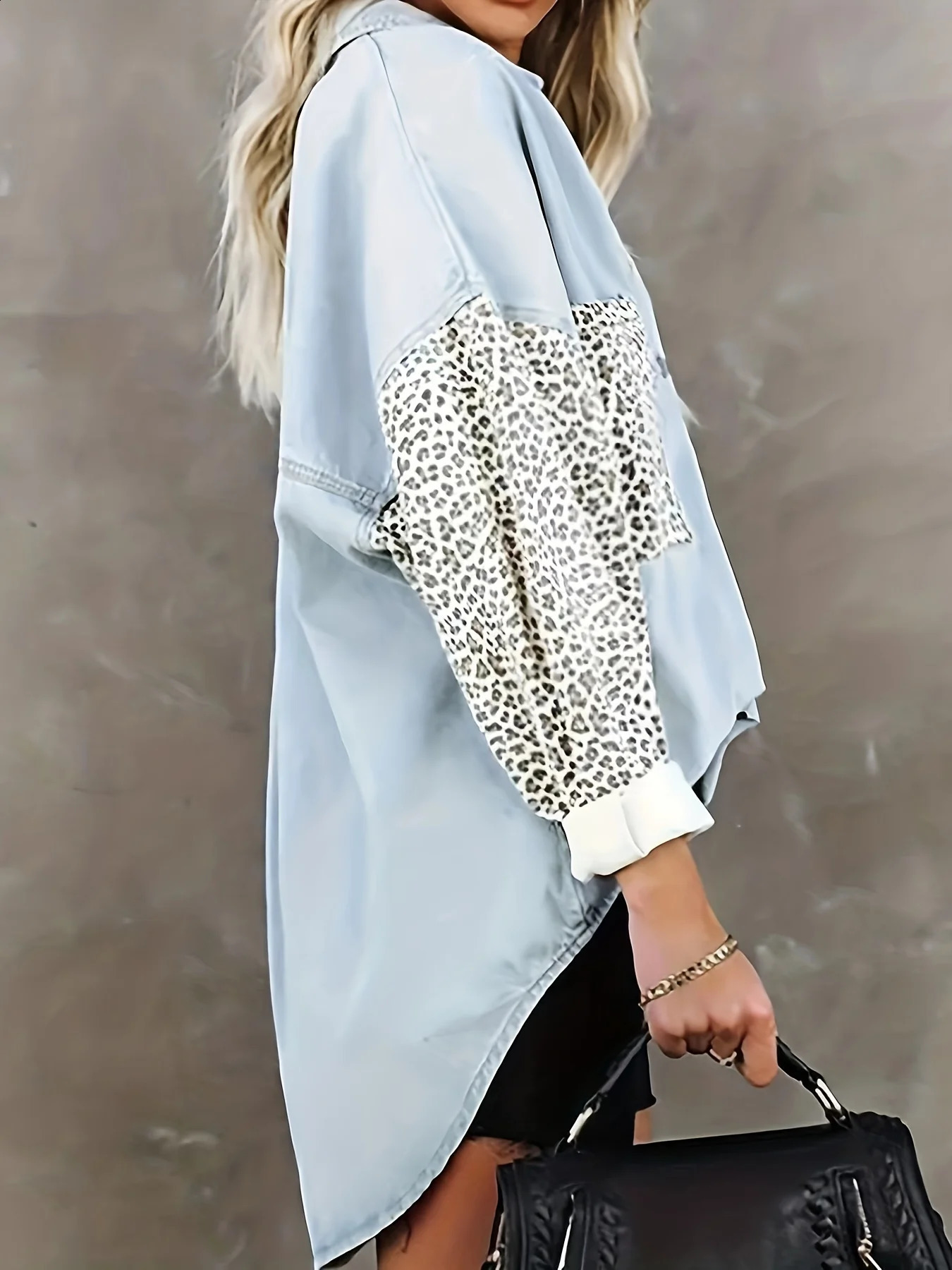 Plus size European and American shirt jacket long sleeved pocket leopard print lapel cardigan top 250210