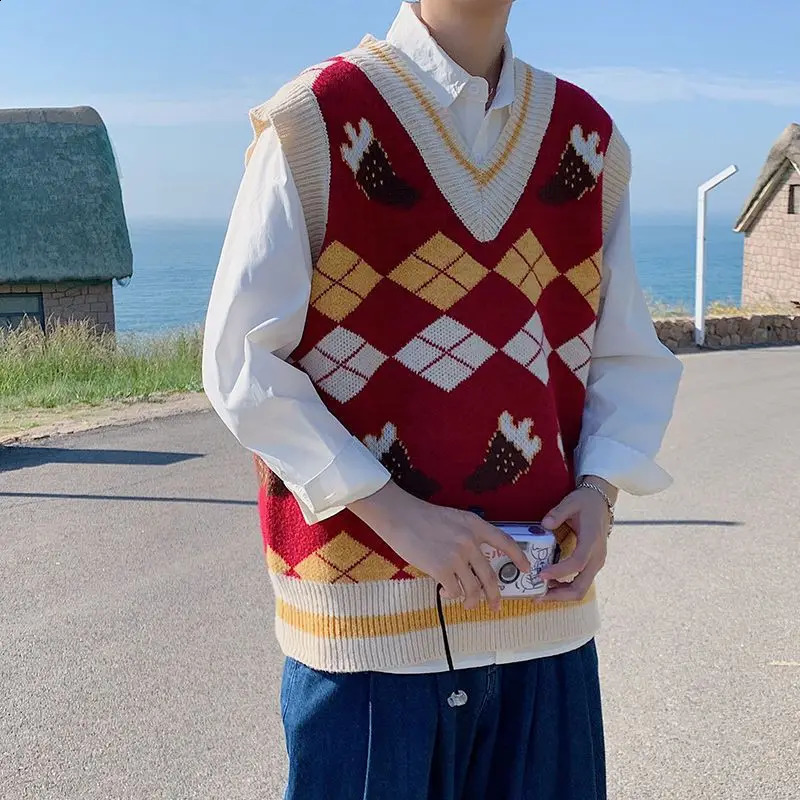 Waistcoat Loose Burgundy V Neck Knit Vests for Men Printed Sweater Man Korean Fashion Vintage Streetwear Sleeveless Elegant Y2k 250210