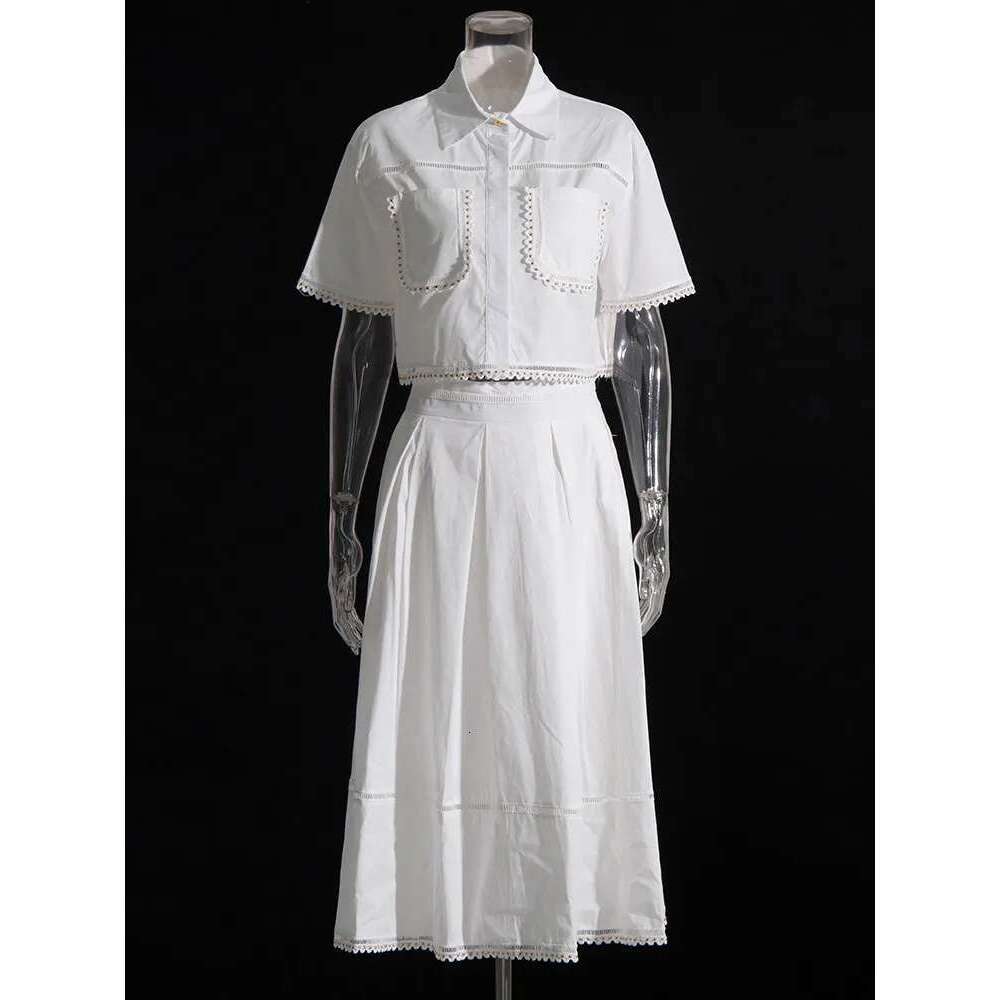 Casual Two Piece Set For Women Lapel Short Sleeve Top High Waist A E Skirt Minimalist Sets Female Fashion New