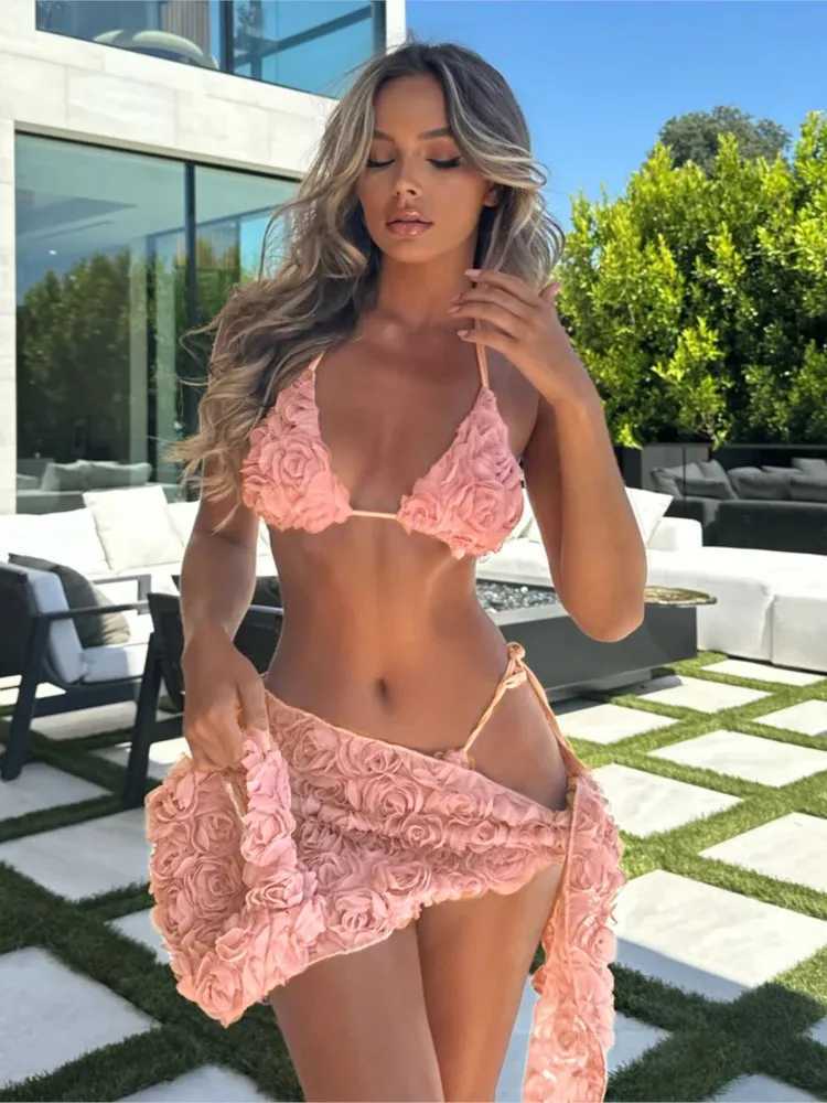 Bikini Bodysuit Swimwear Women With Skirt Bathing Suit Summer New Ruffle Splice Print Beachwear Holiday Bikini Cover Ups OutfitsT250214