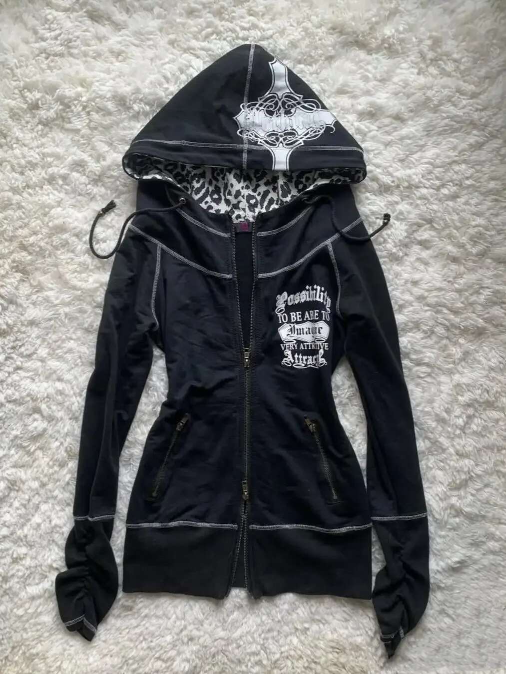 American Slim Fit Retro Large Pattern Leopard Print Black Sports Shirt Gothic Haruku Zipper Cardigan Kawaii Clothes