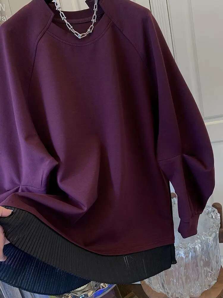 Autumn Winter Women Pullover Hoodies Fake Two-Piece Long Sleeve Patchwork Design Loose Solid Color Casual Tops Lady Clothes