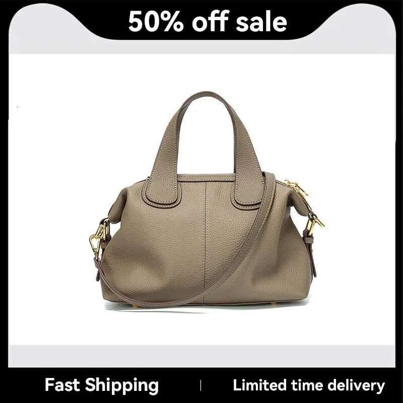 2025NEW Elegant 100% Natural T Cowhide Leather Tote Wide Straps Female Shoulder Grey Black Doctor Bag Girl Handbag