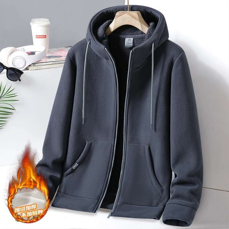 Men's Winter Fleece Fashionable Plush Thick Hooded Drawstring Zipper Pocket Solid Color Loose Commuting Comfortable Jacket Top
