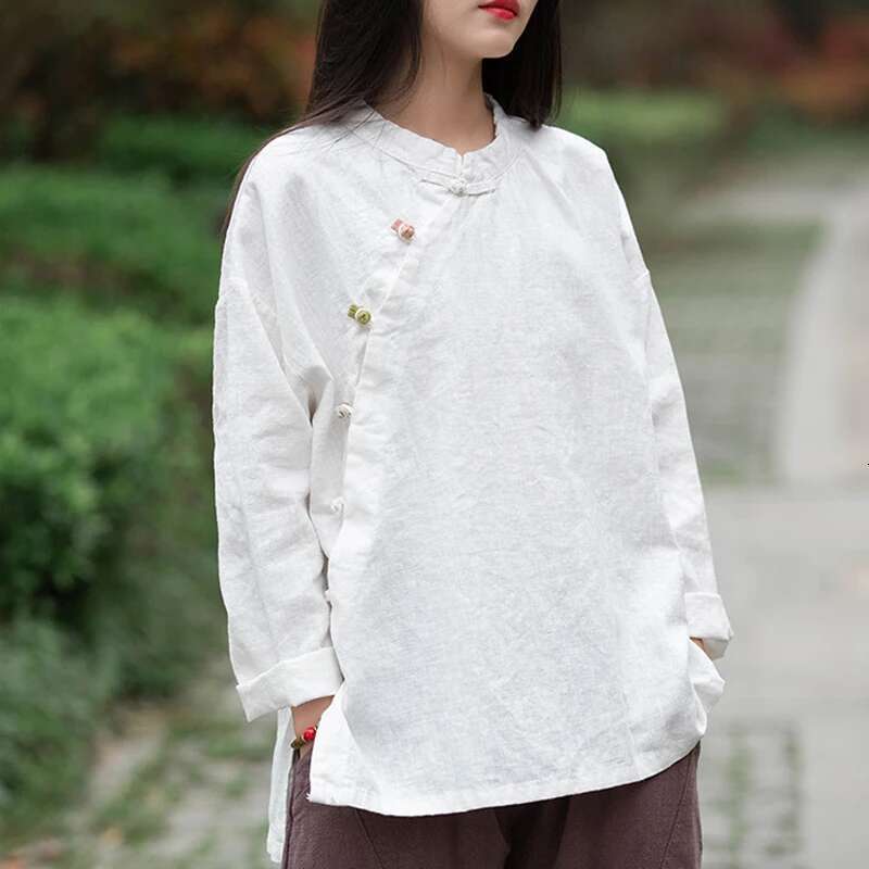 Women Vintage Cotton En And Tops Stand Long Sleeve 2025 Spring New Chinese Style Button Loose Blouses Shirts