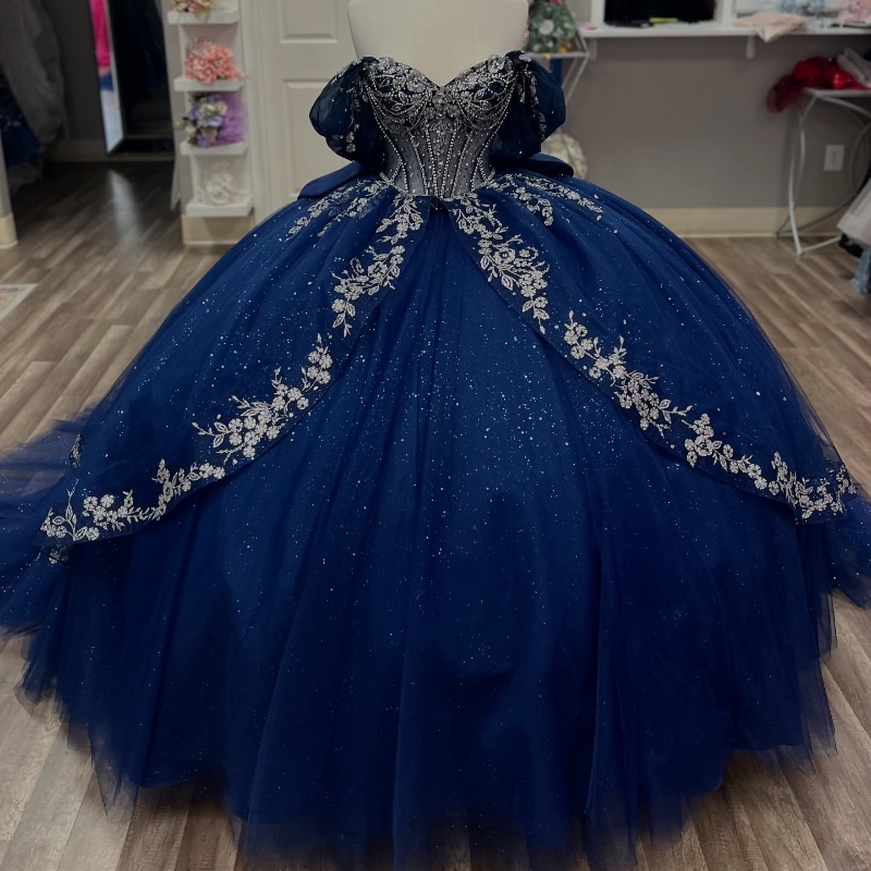 Navy Blue Shiny Quinceanera Dresses Ball Gown Off Shoulder Applique Beading Crystal Tull Party Birthday Sweet 16 Dress Vestidos 15 Anos