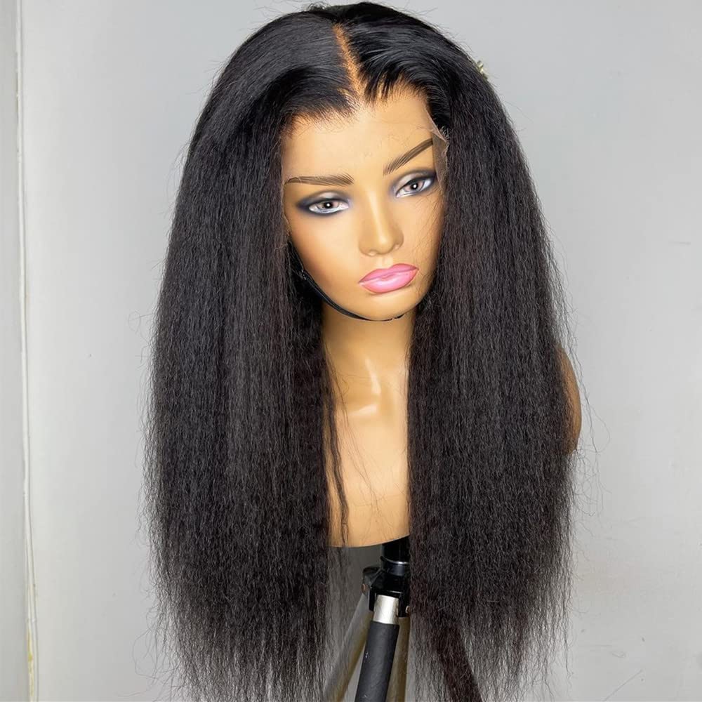 4C Kinky Edges Hairline Curly Baby Hair HD full lace wig, Kinky Straight Lace Front Wig Human Hair Transparent Yaki Straight 360 Lace Frontal Wig Perr
