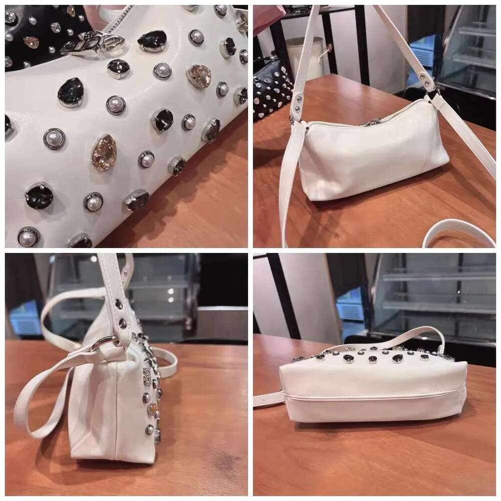 Pearl Beaded Textured Leather Pillow Fashion Women's Handbag Crystal Dias Shoulder Messenger Lady Purse Casual Bag