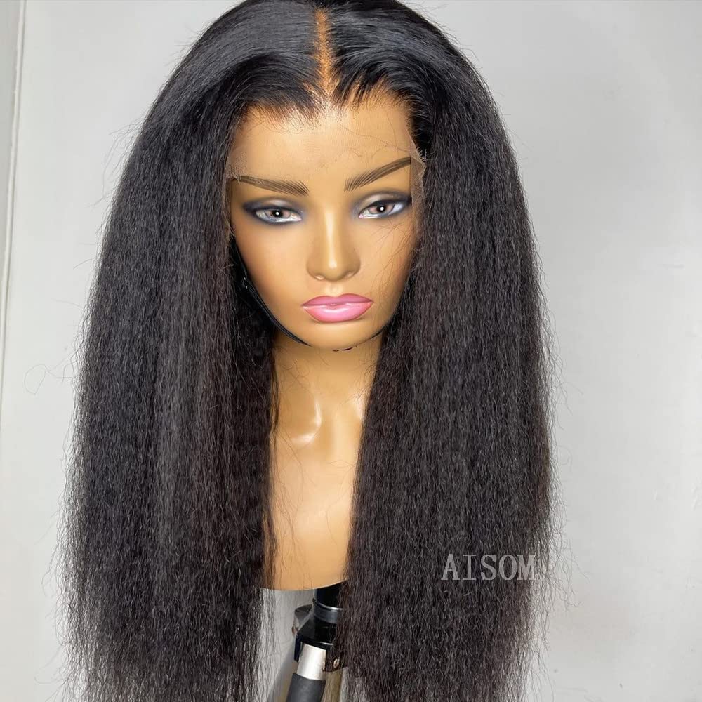 4C Kinky Edges Hairline Curly Baby Hair HD full lace wig, Kinky Straight Lace Front Wig Human Hair Transparent Yaki Straight 360 Lace Frontal Wig Perr