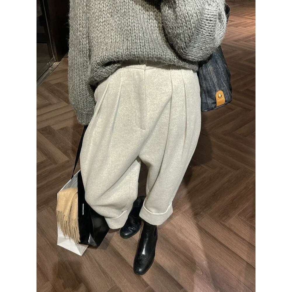 2025 Chic Women Casual Loose Pockets Woolen Suit Pants Autumn Winter High Waist Thicken Korean Ladies Solid Harem Trousers
