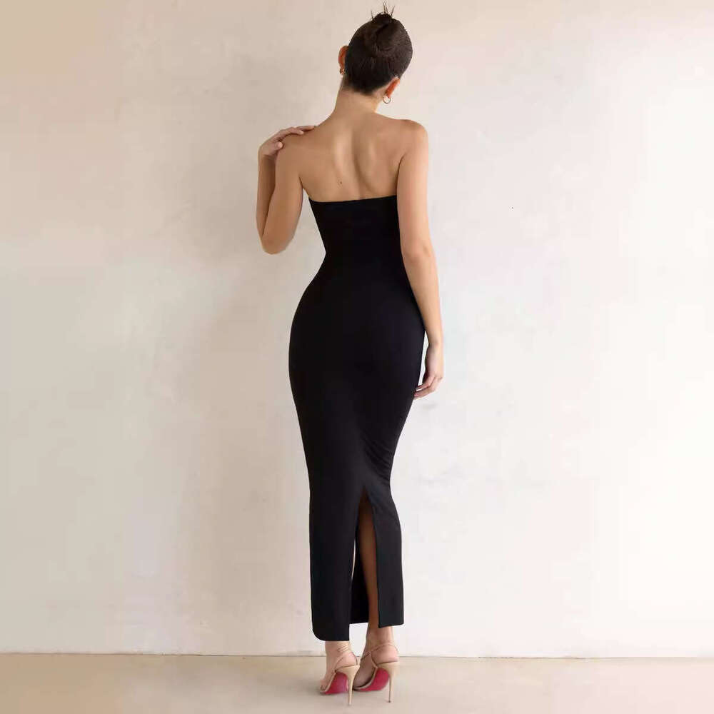 Women's European and American Ins sexy slim fit solid color strapless slit bag hip long style temperament dress wholesale 2025 new casual fashion