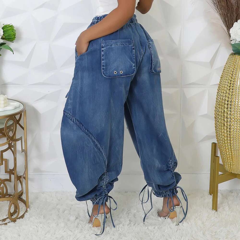 Denim Spliced Lace Up Jeans For Women High Waist Patchwork Drawstring Vintage Loose Pant Female Fashion Clothes New