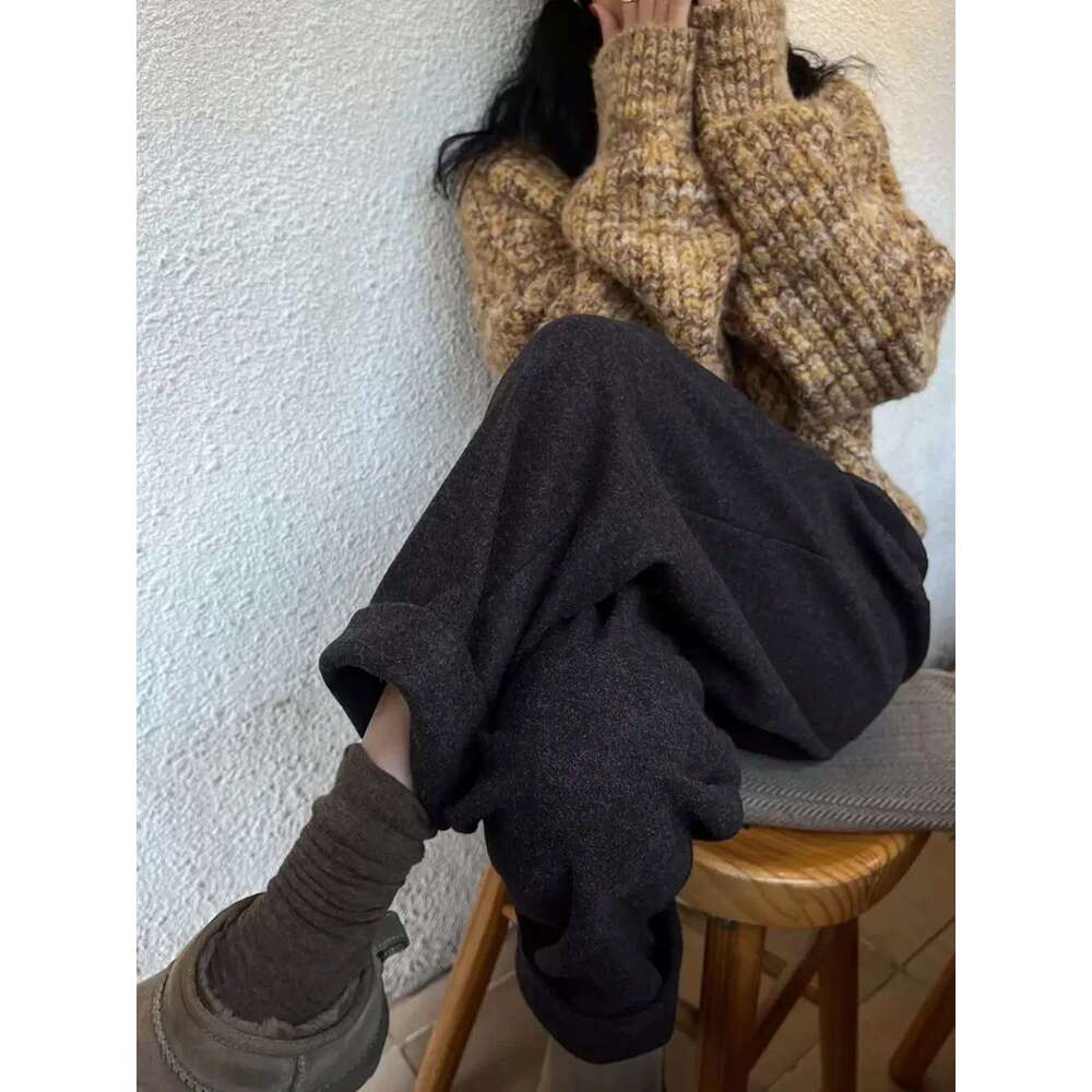 2025 Chic Women Casual Loose Pockets Woolen Suit Pants Autumn Winter High Waist Thicken Korean Ladies Solid Harem Trousers