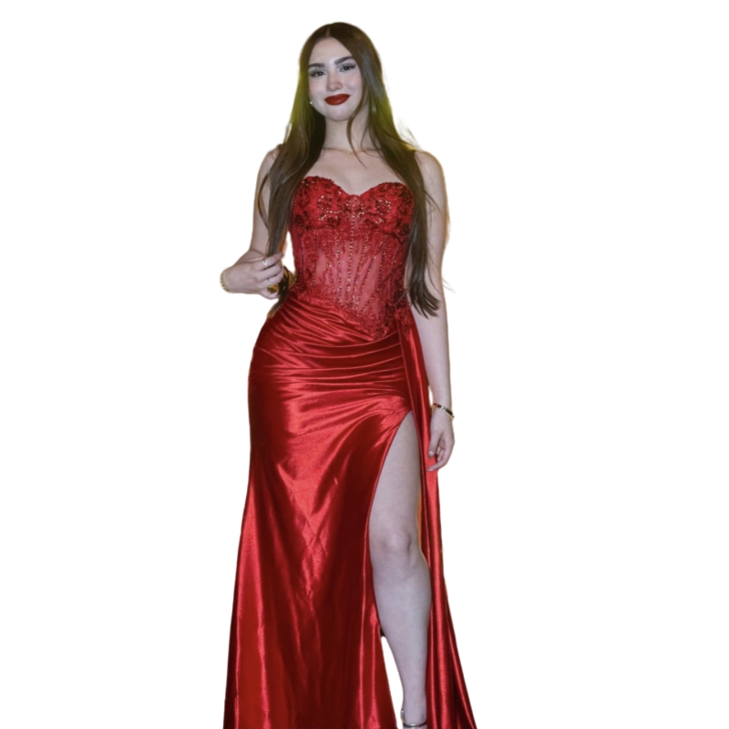 Strapless Long Red Prom Dresses Side High Slit Sexy Evening Gowns Lace Appliques Beaded Elastic Satin Birthday Party Special Occasion Dress 2025