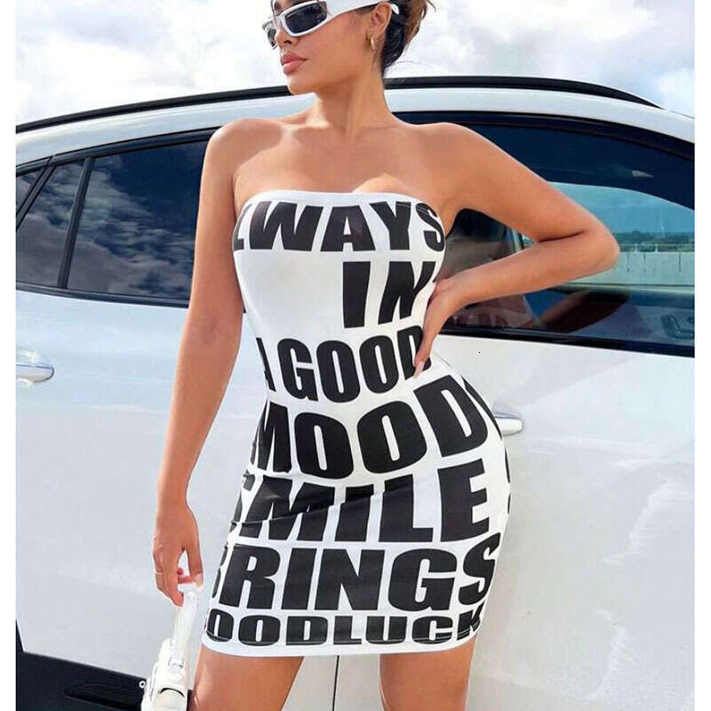 European and American style letter printed one shoulder strapless sexy spicy women's wear ur slim fit dress 2025 temperament versatile new trend 