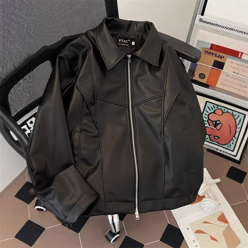 2025S designer with a high-end feel cleanfit black trendy brand men leather jacket handsome spring and autumn American short zipper motorcycle jacket