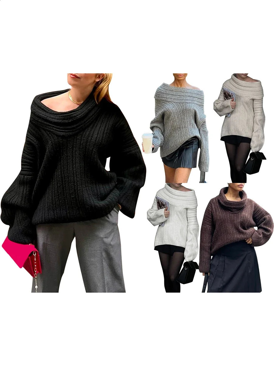 Womens Oversize Knit Sweater Fall Winter Solid Color Slim Long Sleeve Boat Neck Off Shoulder Pullovers Casual Jumpers Streewear 250210