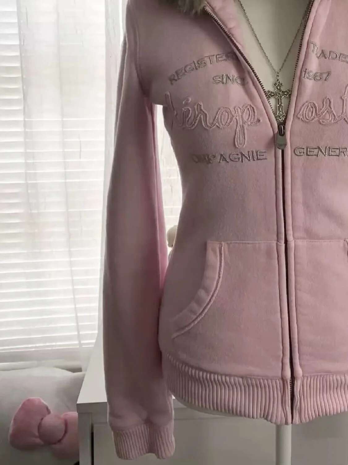 2024 Winter Warm Zip Up Oversizeds Fur Hood Collar Design Hoodies Slim Fit Pink Element Cardigan Waist Sweatshirts