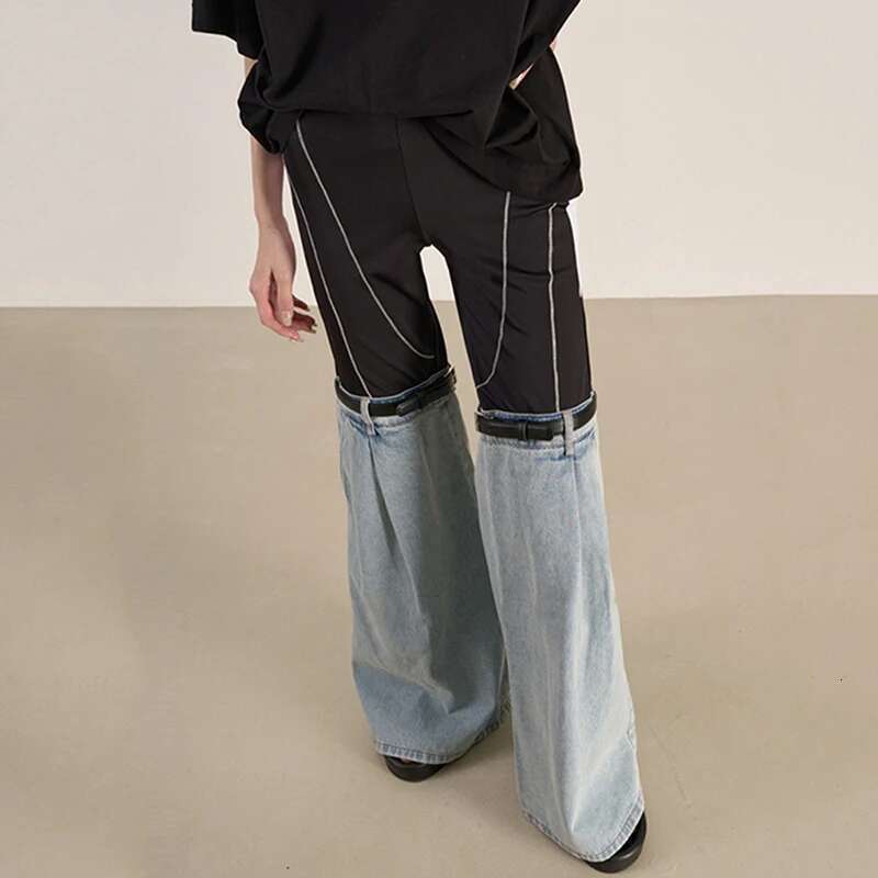 Fashion Contrast Color E Jeans Women's Removable Belt Elastic High Waist Slim Full-Length Denim Pants New