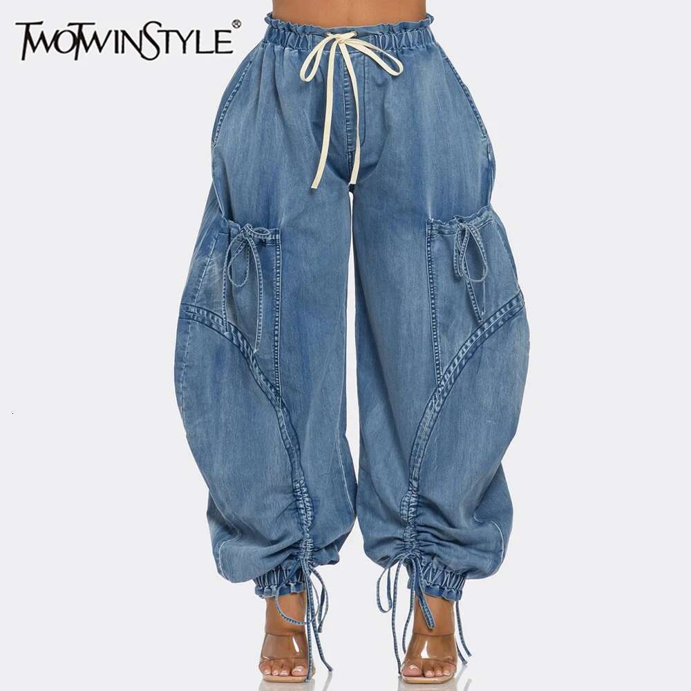 Denim Spliced Lace Up Jeans For Women High Waist Patchwork Drawstring Vintage Loose Pant Female Fashion Clothes New