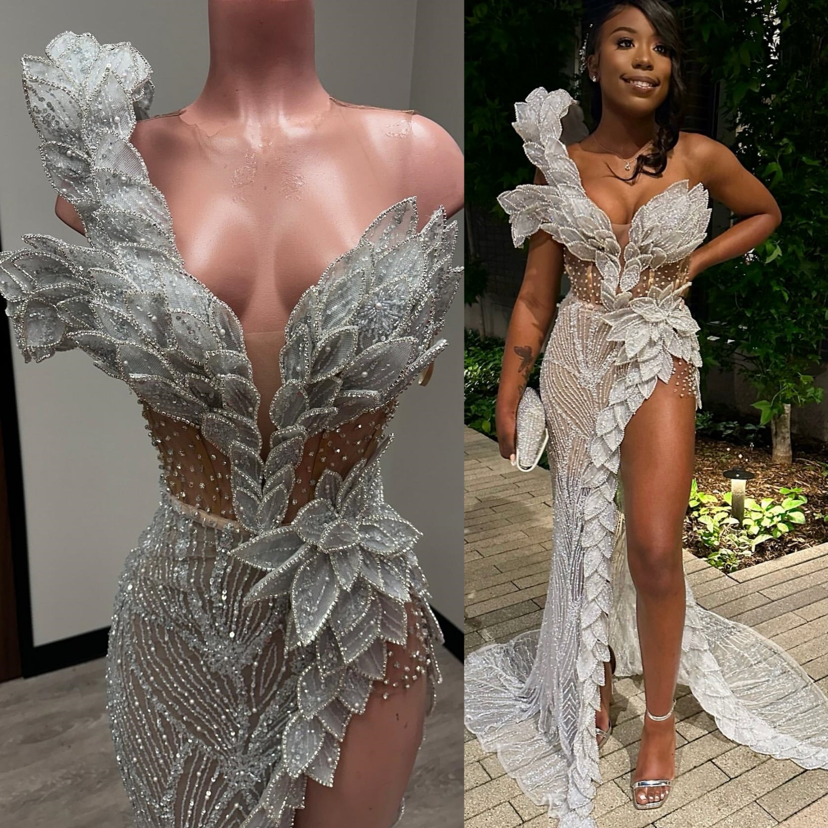 Aso Ebi 2025 Ivory Mermaid Prom Dresses Florals Crystals See Through Sequined Evening Formal Party Second Reception Birthday Gowns Dress For Special O