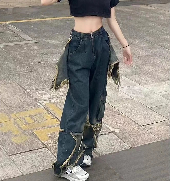 Star raw edge pattern Y2K jeans mens hip-hop pocket ultra-loose retro embroidered wide-leg pants Harajuku Gothic denim trousers 250210