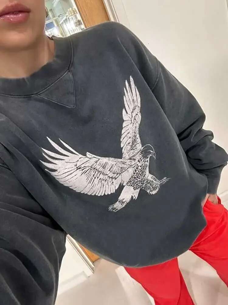 washed black eagle Printed Cotton Sweatshirt women Soft Fleece ing crew neck long sleeve sweatshirt female autumn winter