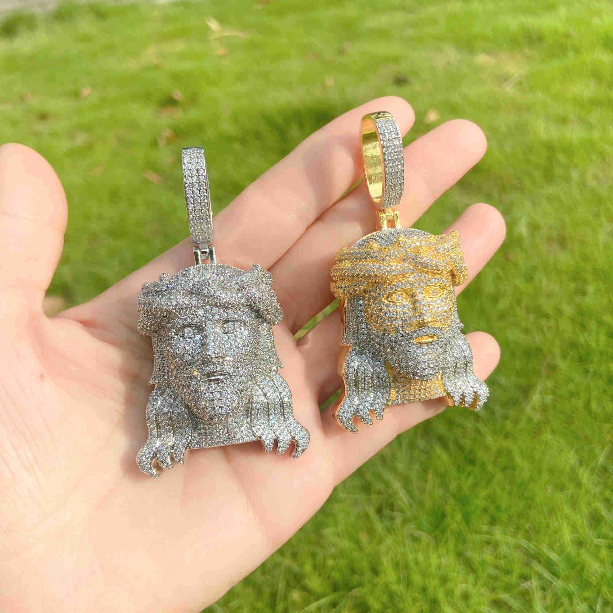 Iced Out Bling moissanite Religious Jesus Head Portrait Pendant Necklace Gold Faith Charm Mens Hip Hop