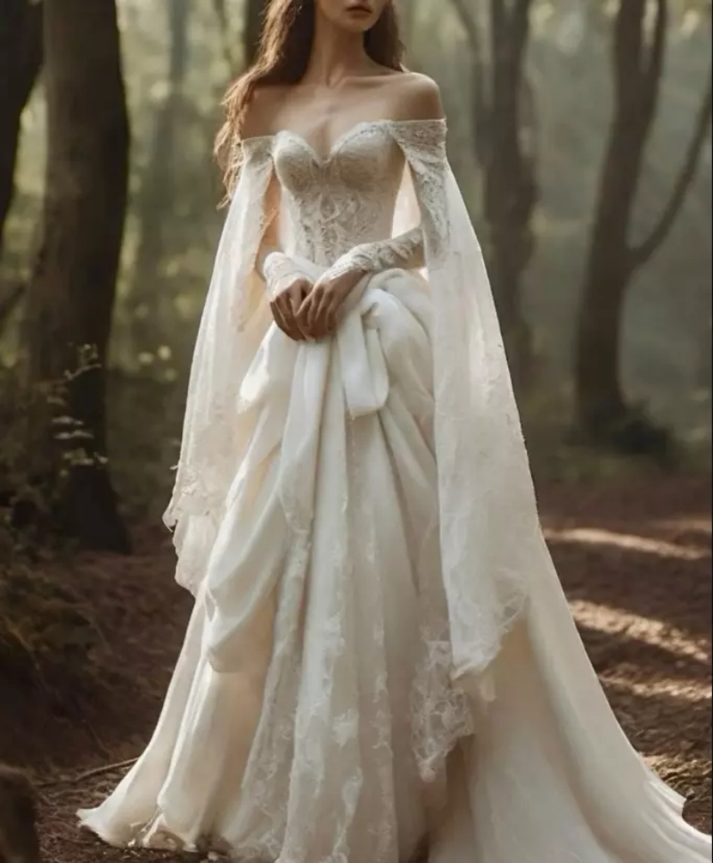 Medieval Renaissance Wedding Dresses Lace Long Sleeves Cape Sleeves A-Line Corset Vintage Bridal Gowns Lace-Up Back Court Train Vestido De Novia