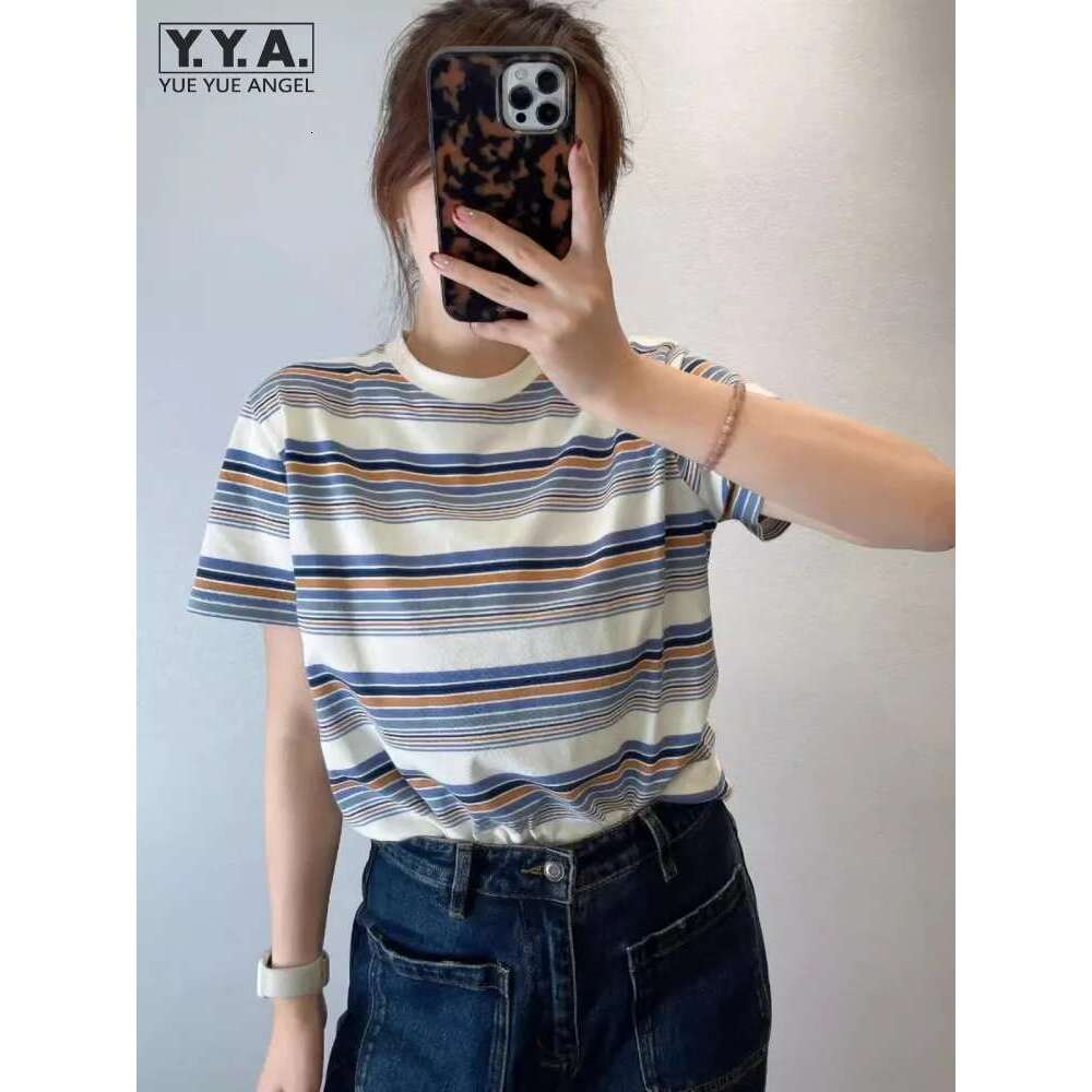Summer Women Casual Mixed Colors Striped Tees O Neck Short Sleeve Comfortable T-Shirt Streetwear Female Loose Pullover Tops
