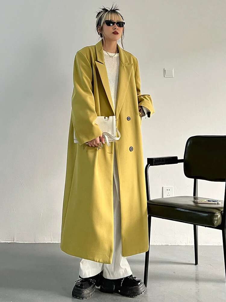 Yellow Big Size Length Blazer Women New Notched Long Sleeve Loose Fit Jacket Fashion Tide Spring Autumn 2025 30A1839