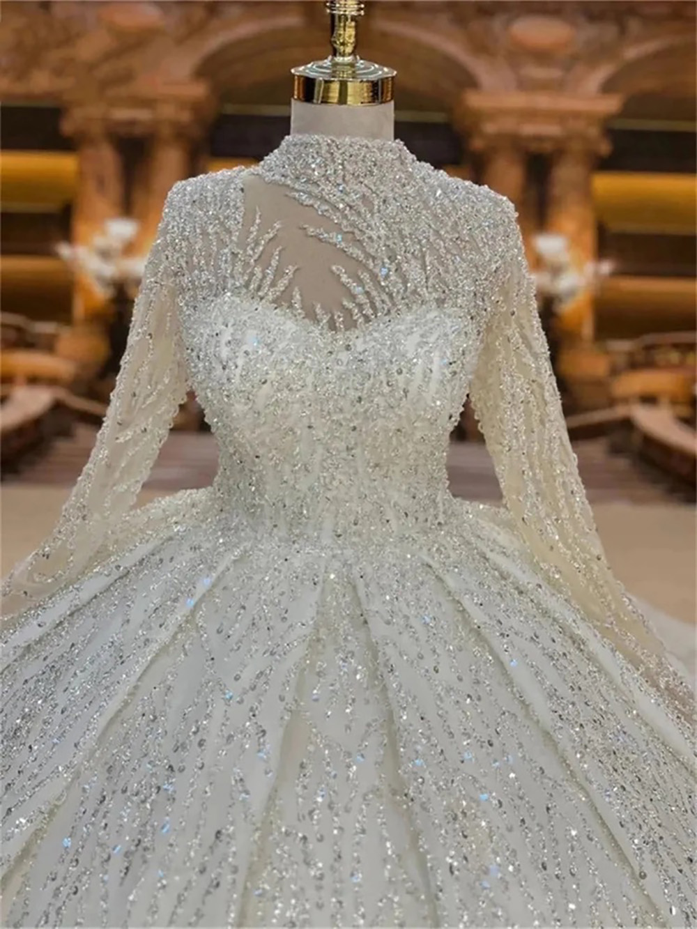 A-Line Wedding Dress High Neck Beads Sequins Long Sleeve Bride Dresses Arabic Bridal Gown Custom Made