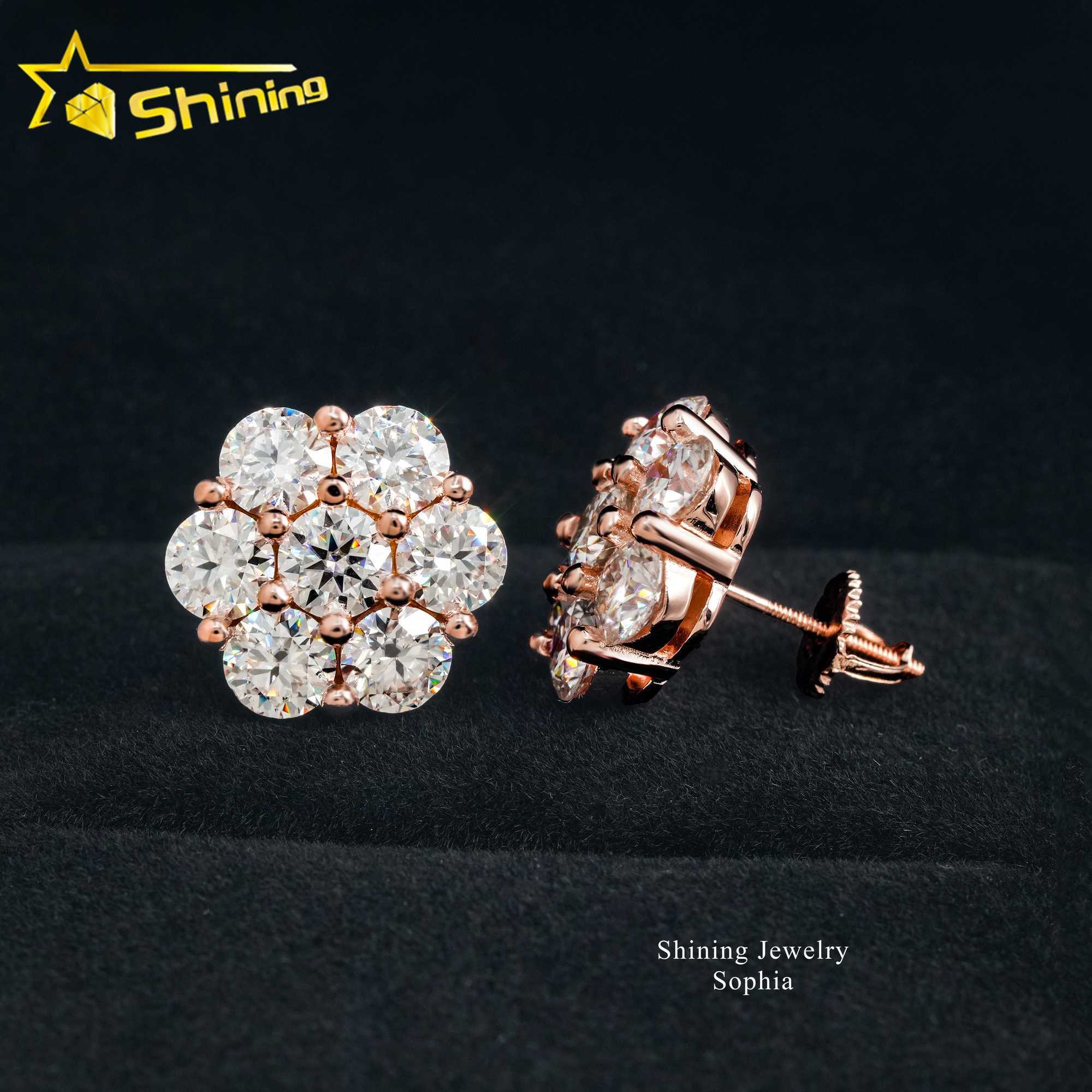 Shining Hot Top Selling Pass Diamond Tester Fine Jewelry 925 Silver 8mm 12mm 15mm Flower Earrings VVS Moissanite Stud Earrings