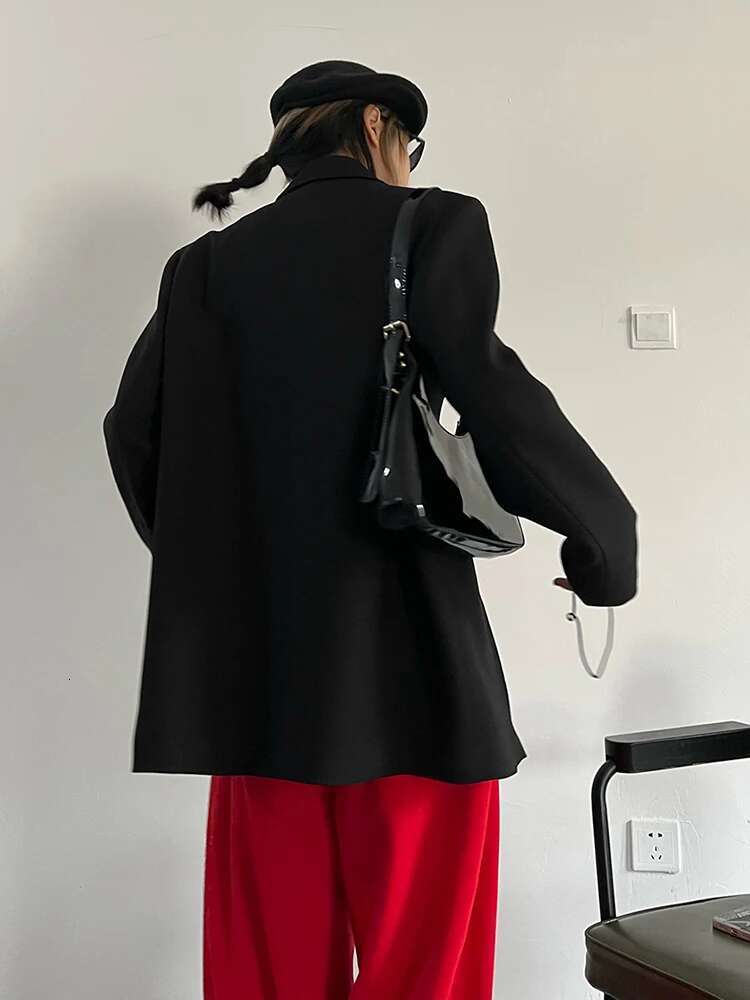 Black Belted Split Casual Blazer Women New Lapel Long Sleeve Loose Fit Jacket Fashion Tide Spring Autumn 2025 30A1768